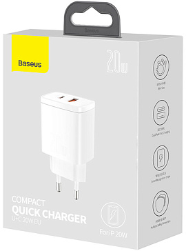 Baseus Compact Quick Charger USB+Type-C 20W (белый)